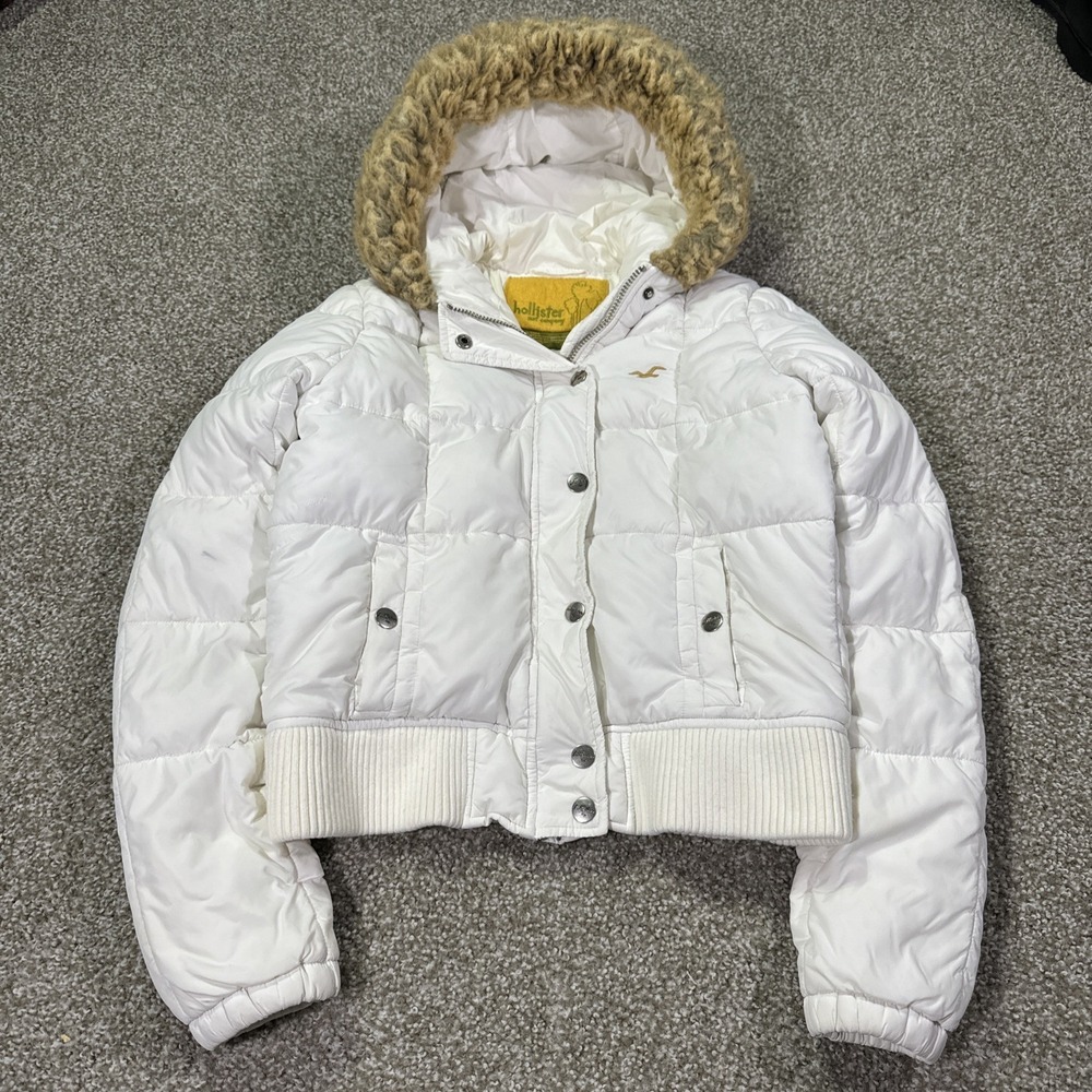 hollister faux fur puffer bomber jacket White Down Feather Y2K Vintage Size S/M